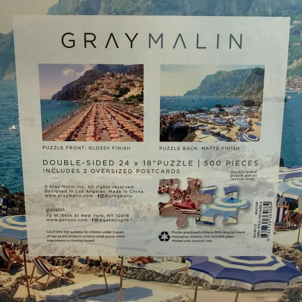 Gray Malin Double-Sided Italy Beach 500-Piece Puzzle Oversized Postcards Sealed